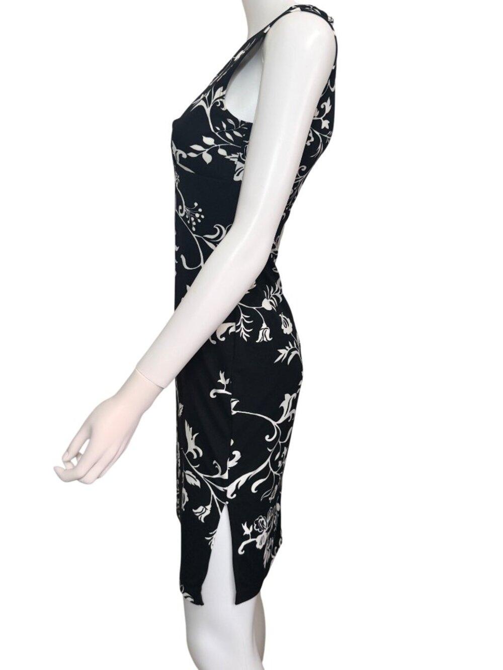 VTG Charlotte Russe Y2K Floral Bodycon Dress S Black White Slinky Midi USA Made - Picture 3 of 7